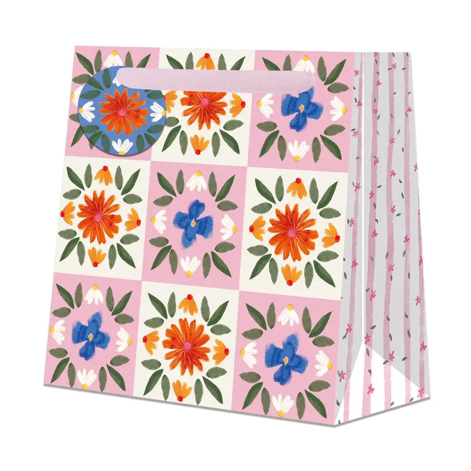 Gift Bag Small Square - Pink Blue Orange Flowers - THE BRISTOL ARTISAN