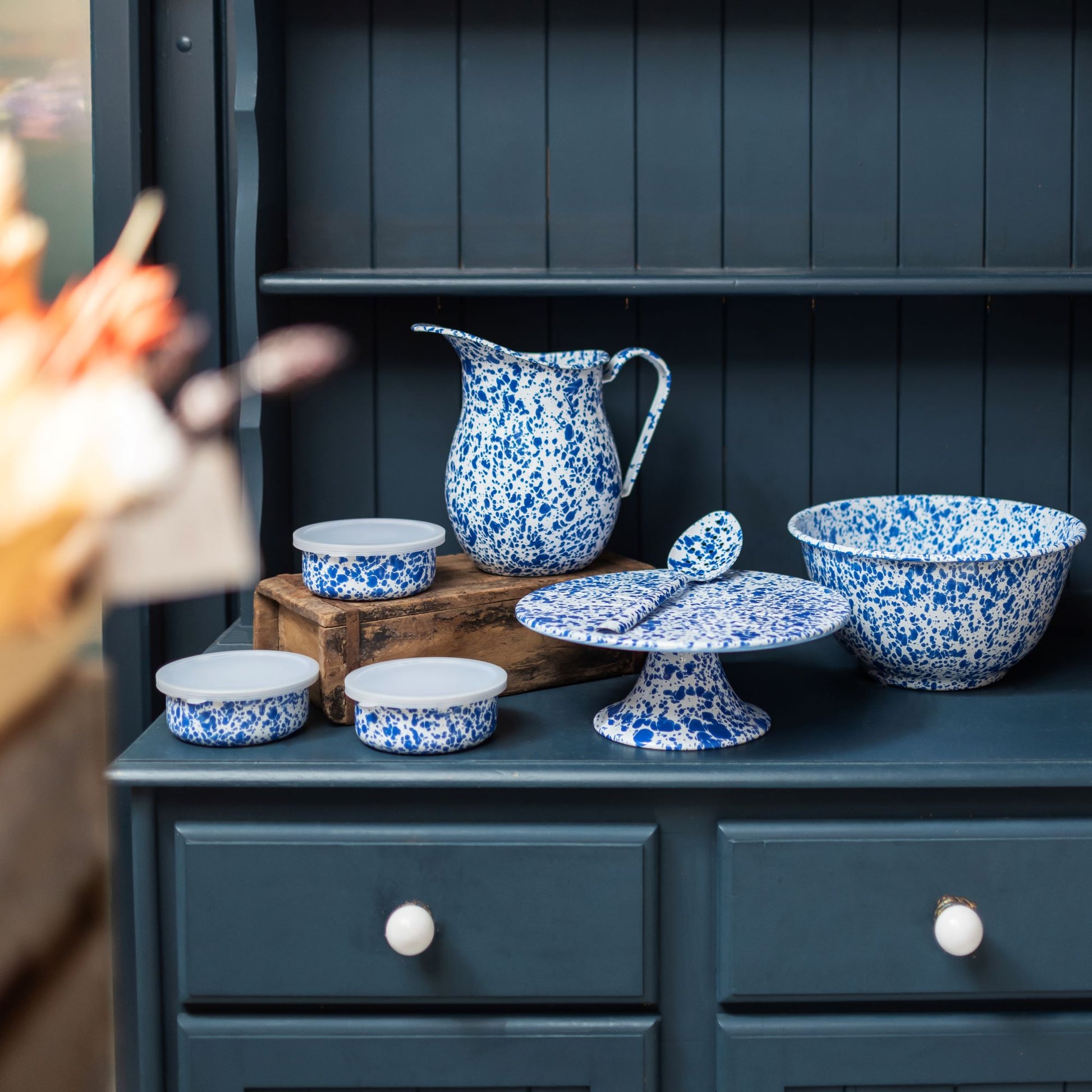 Blue Splatterware Enamel Pitcher Jug - THE BRISTOL ARTISAN