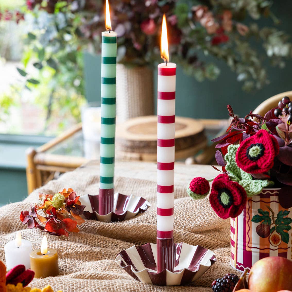 Burgundy & White Stripe Dinner Candle - THE BRISTOL ARTISAN