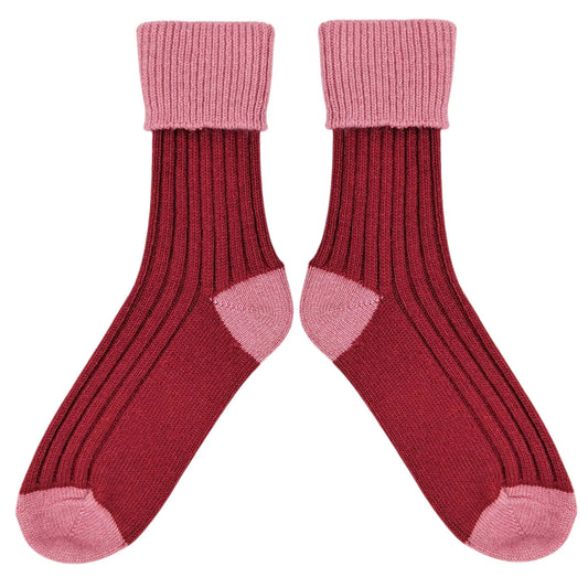 Cashmere Blend Slouch Socks - Red & Dusky Pink - UK 4-7 - THE BRISTOL ARTISAN