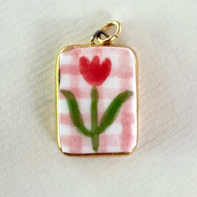 Tulip Pink Check Ceramic Pendant Necklace