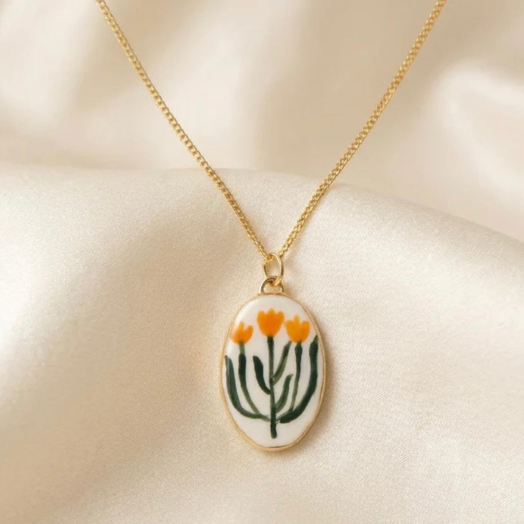 Orange Flower Ceramic Pendant Necklace