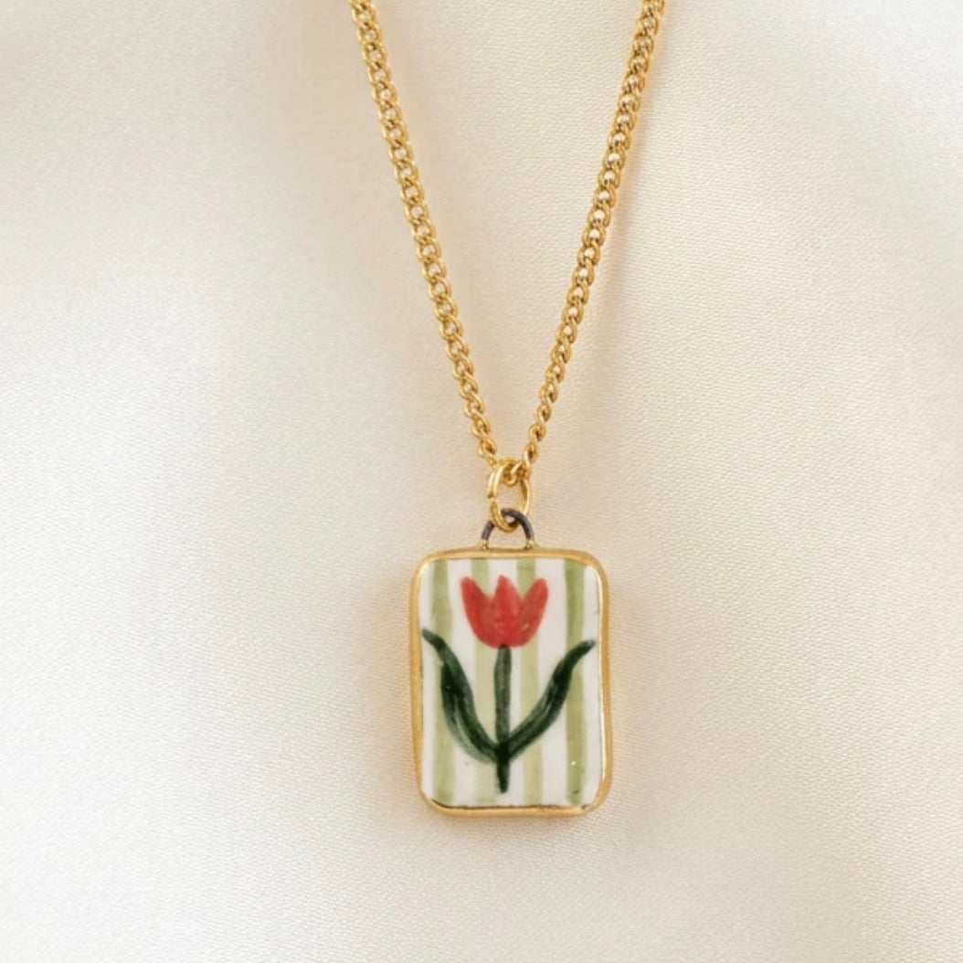 Tulip Green Stripe Ceramic Pendant Necklace