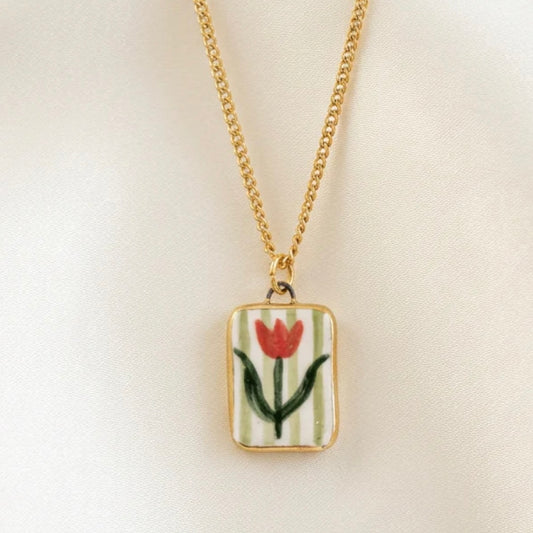 Tulip Green Stripe Ceramic Pendant Necklace
