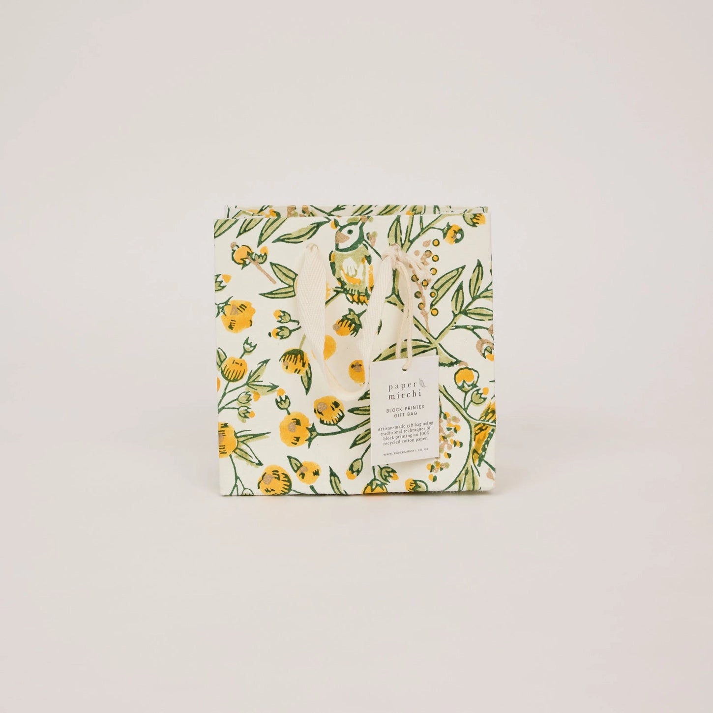 Hand Block Printed Small Gift Bag - Song Birds Sunshine - THE BRISTOL ARTISAN