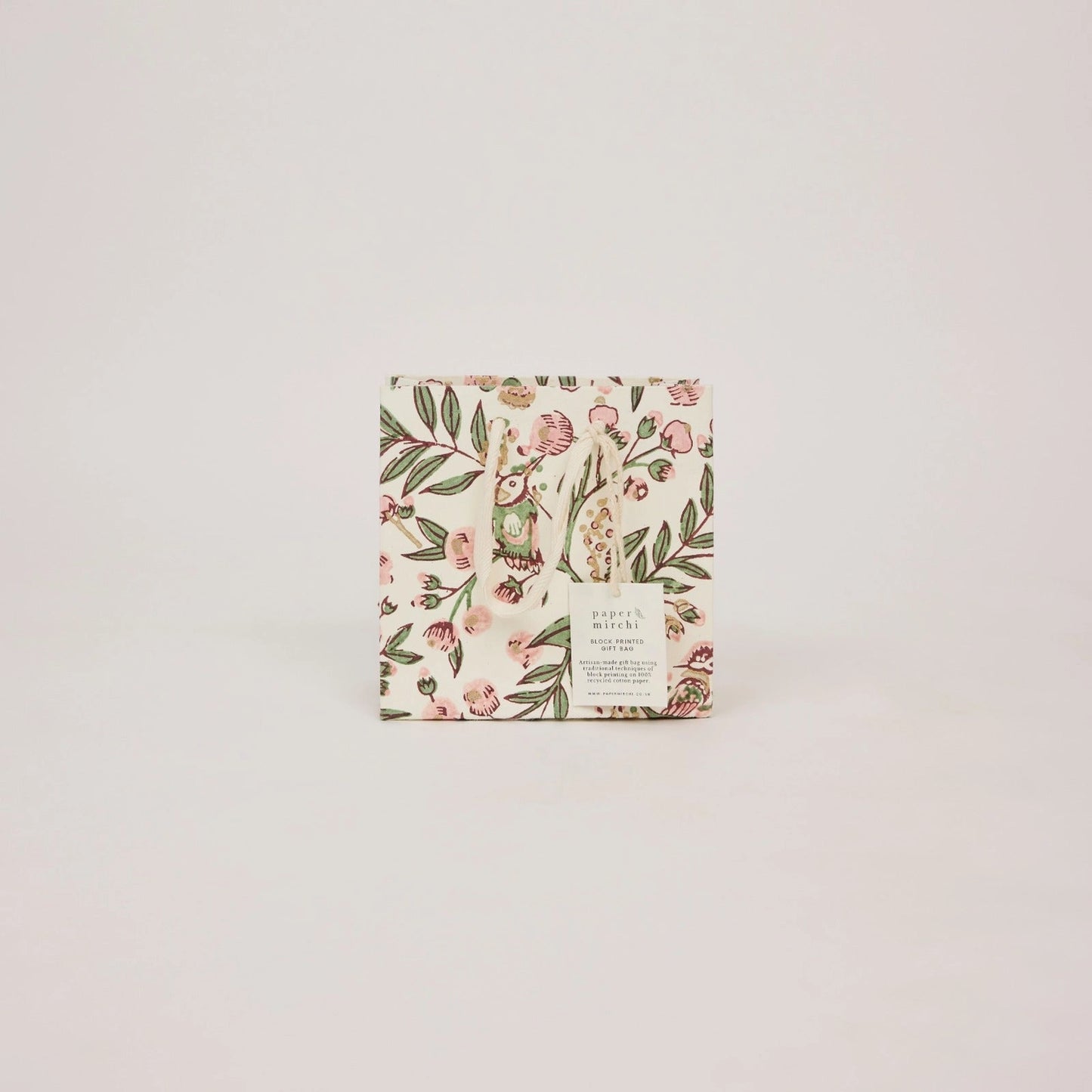 Hand Block Printed Small Gift Bag - Song Birds Blush - THE BRISTOL ARTISAN