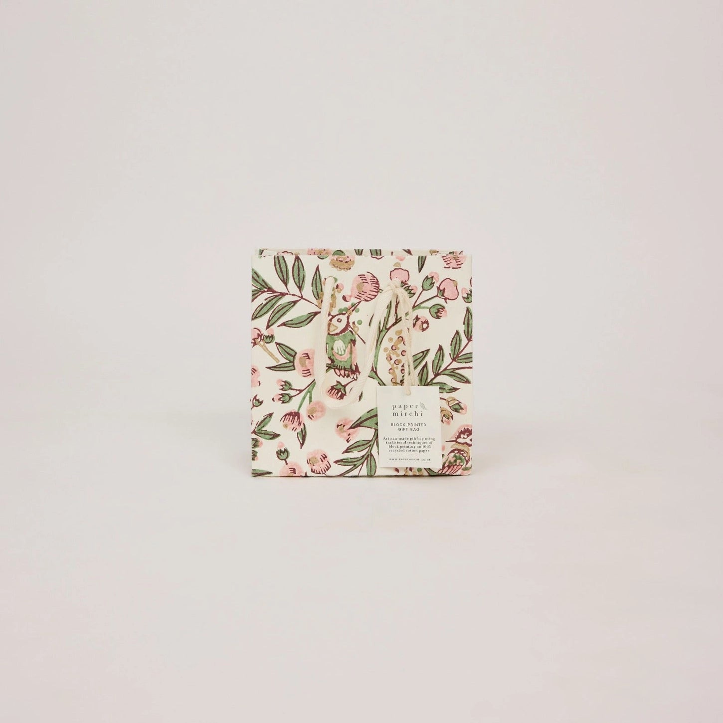 Hand Block Printed Small Gift Bag - Song Birds Blush - THE BRISTOL ARTISAN