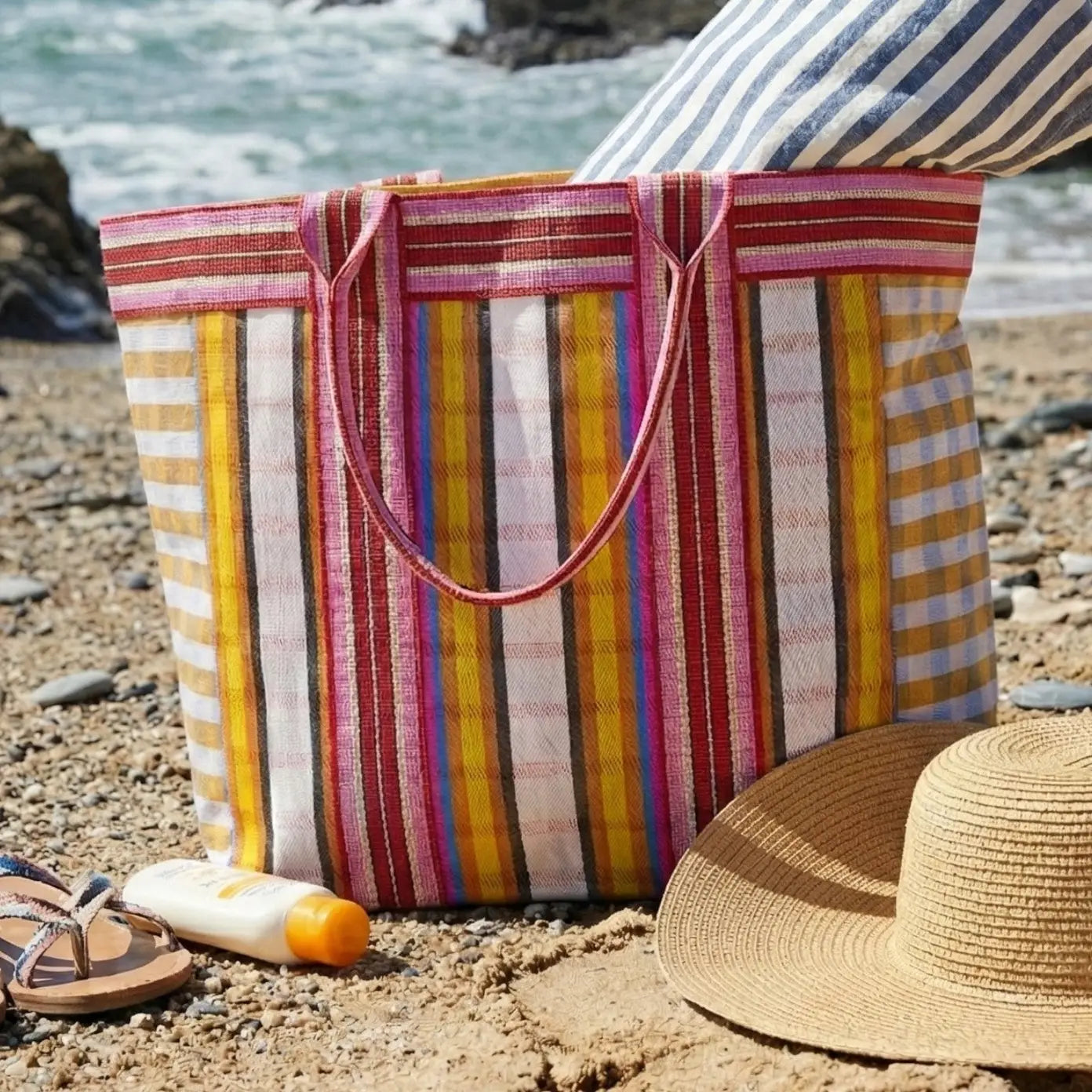 Eco Woven Shopper/Beach Bag - Yellow and Magenta Stripe - THE BRISTOL ARTISAN