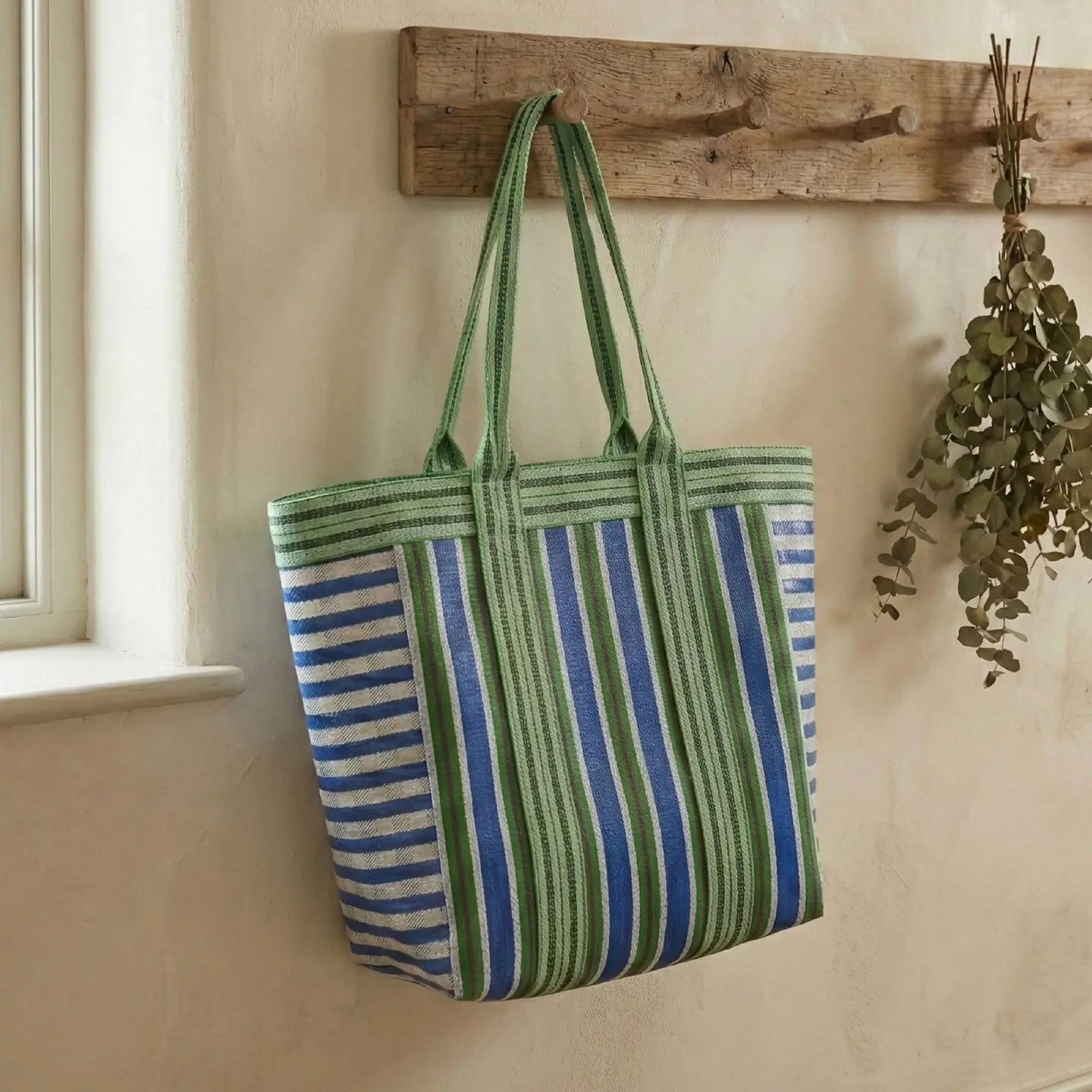 Eco Woven Shopper/Beach Bag - Blue and Green Stripe - THE BRISTOL ARTISAN