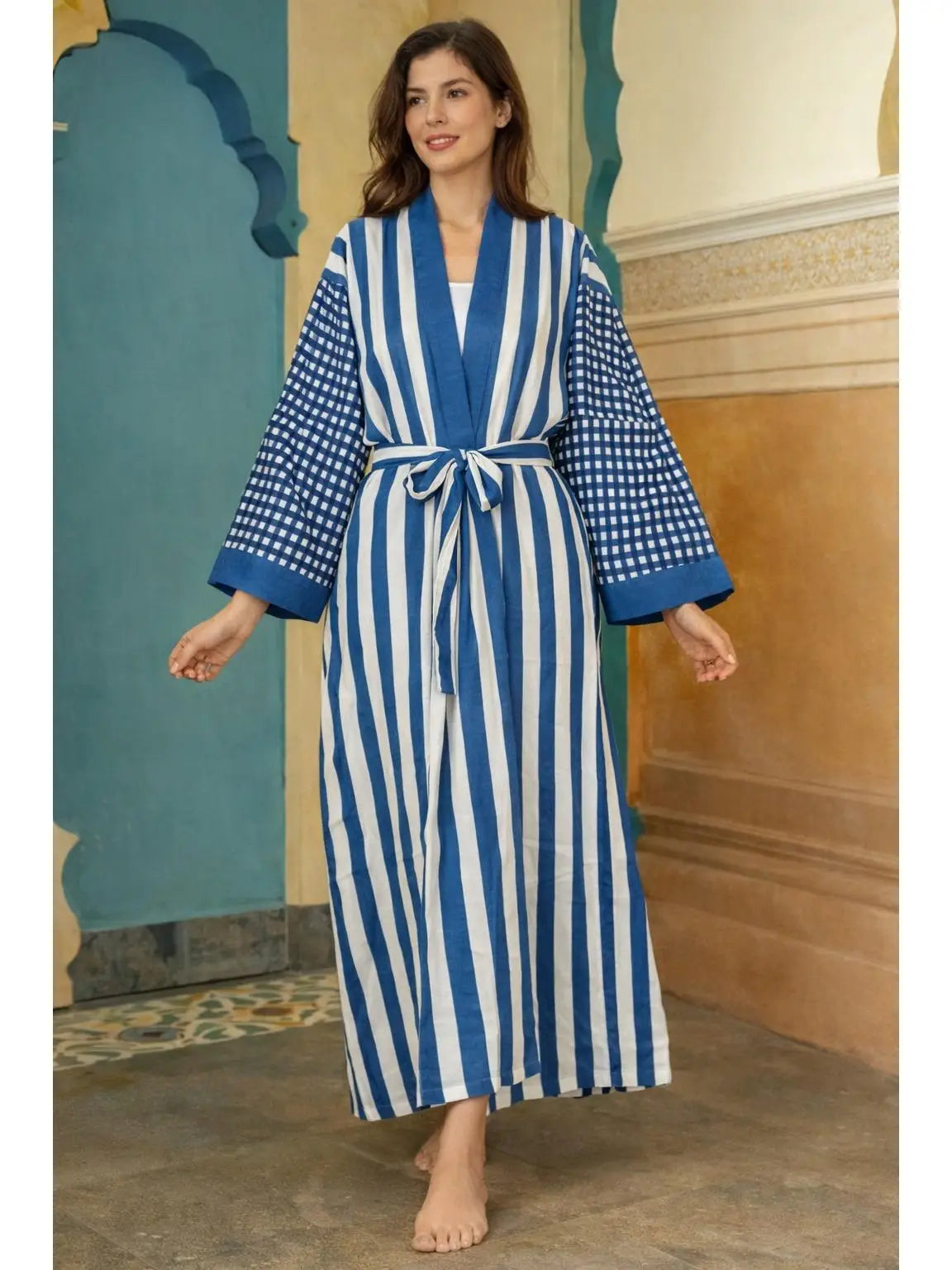 Blue stripe Pure Cotton Block Printed Kimono robe