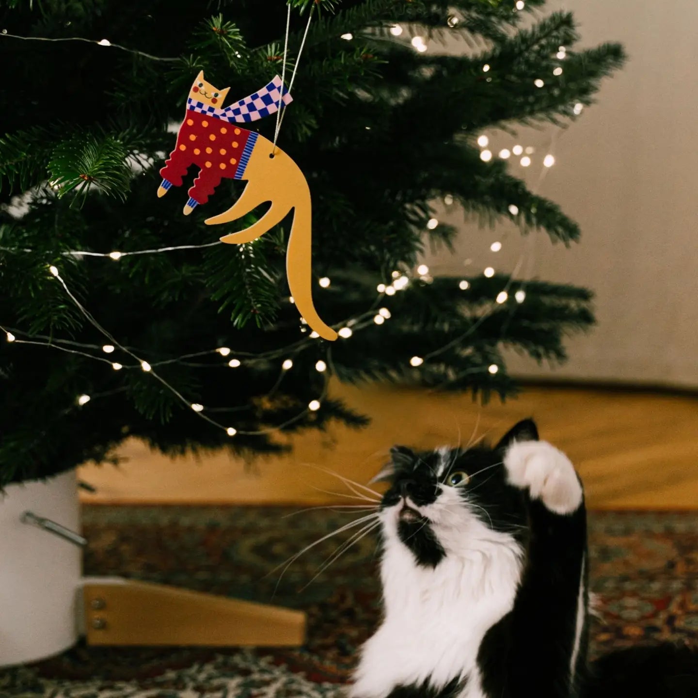 Wooden Yellow Cat Christmas tree hanging decoration