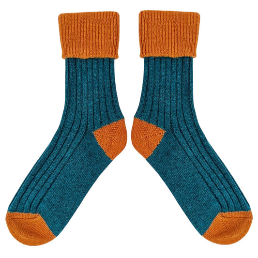 Cashmere Blend Slouch Socks - Teal & Rust - UK 4-7