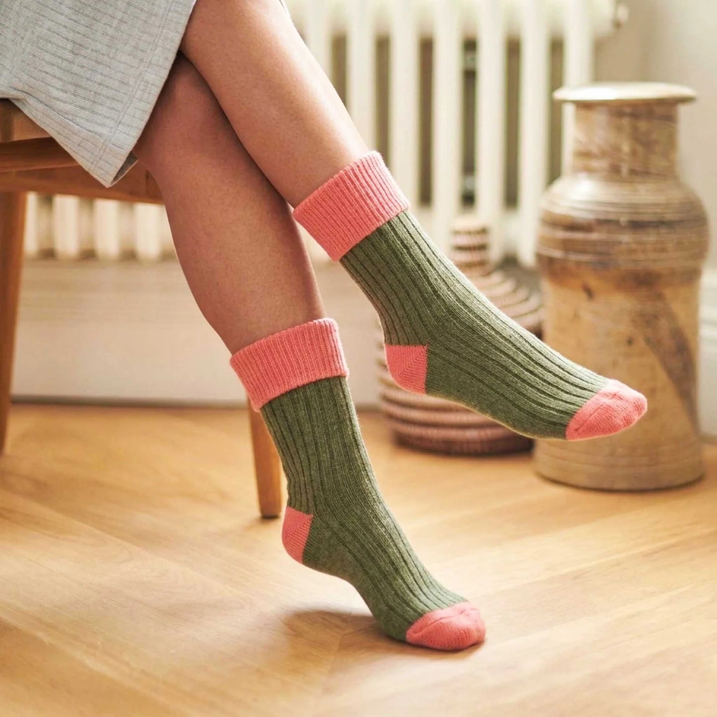 Cashmere Blend Slouch Socks - Khaki Green & Coral - UK 4-7