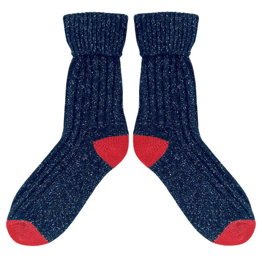 Recycled Unisex Silk Blend Ribbed Socks - Navy & Red