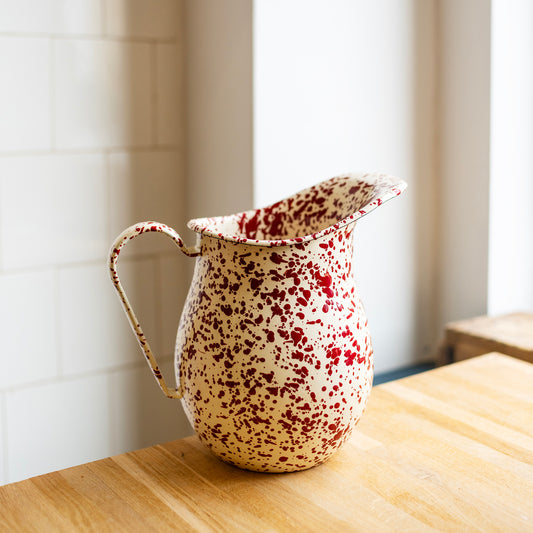 Burgundy and Cream Splatterware Enamel Pitcher Jug - THE BRISTOL ARTISAN