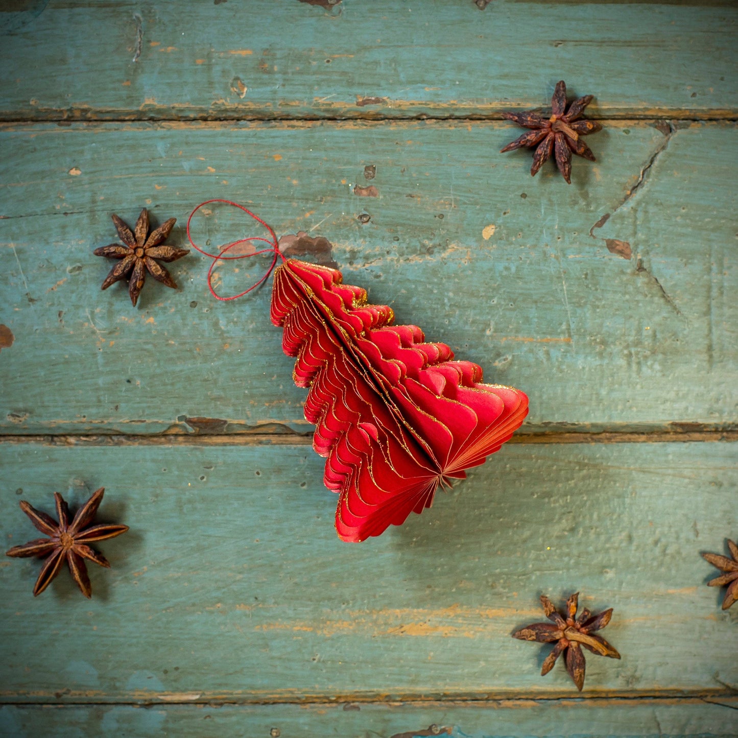 Red Paper Honeycomb Hanging Tree Decoration - THE BRISTOL ARTISAN