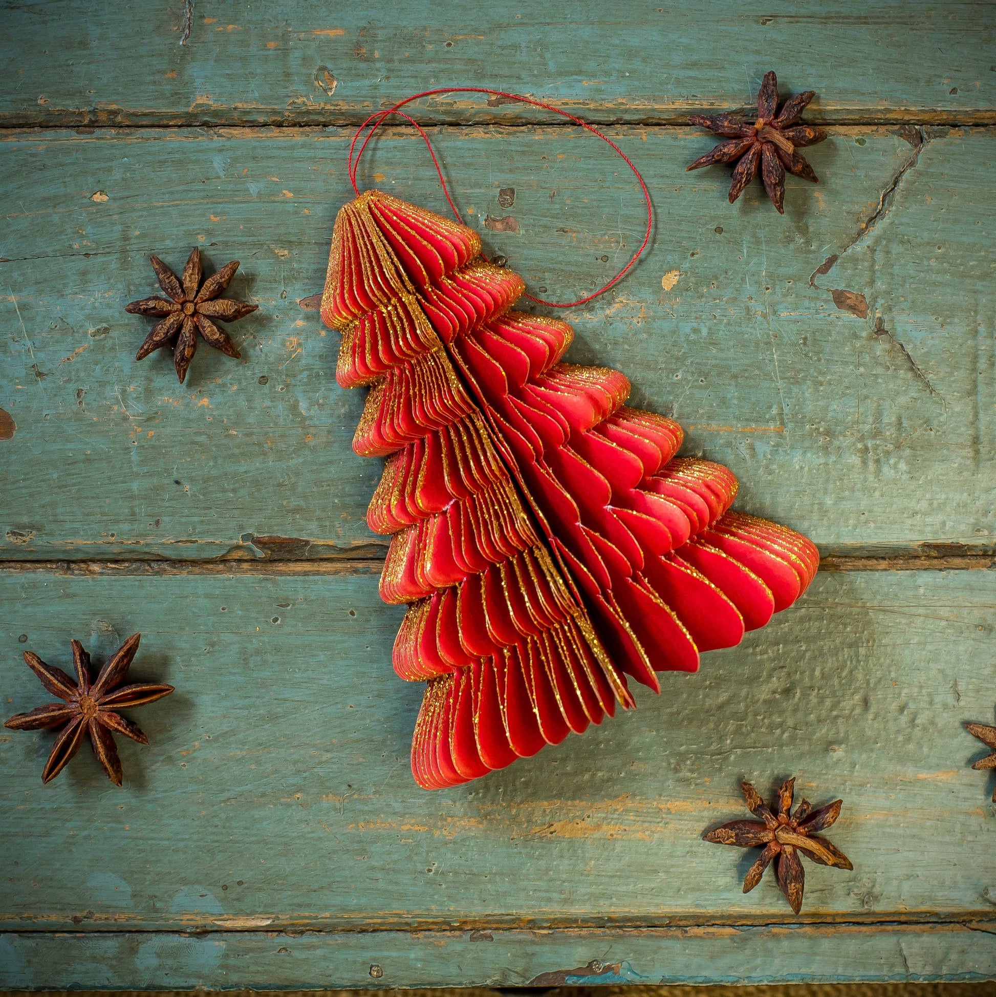 Red Paper Honeycomb Hanging Tree Decoration - THE BRISTOL ARTISAN