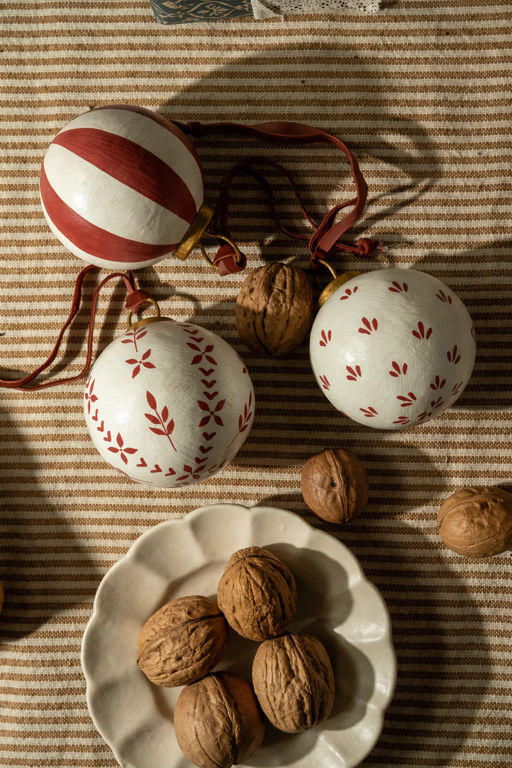 Hand Painted Baubles with Velvet Ribbon, Berry - Set of 3